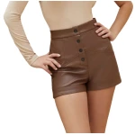Snap Button Front Brown Leather Shorts