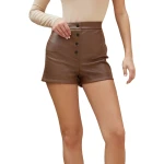 Snap Button Front Brown Leather Shorts