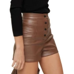 Snap Button Front Brown Leather Shorts