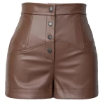 Snap Button Front Brown Leather Shorts