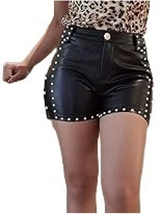 Studded Detailing Black Leather Shorts