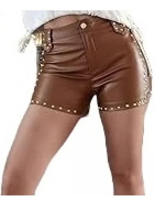 Studded Detailing Brown Leather Shorts