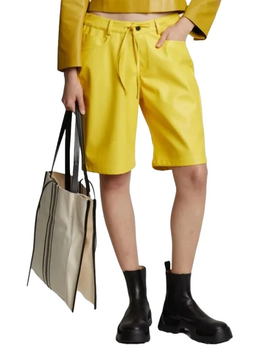 Tied Waist Yellow Leather Shorts