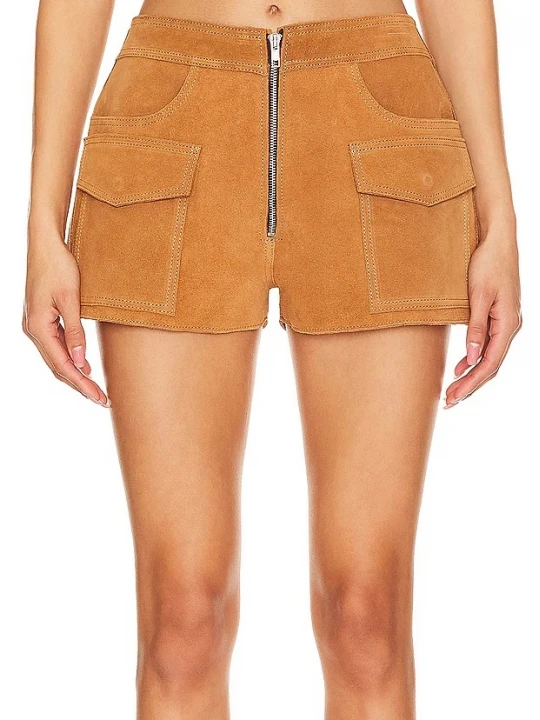 Zip Fly Camel Suede Leather Shorts