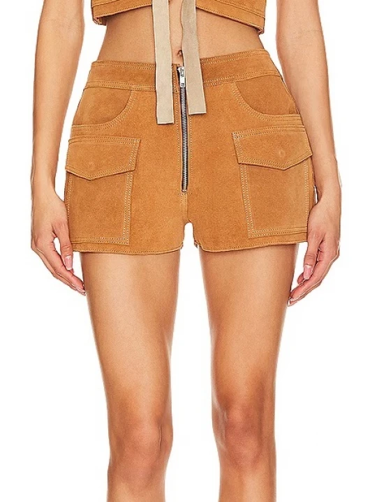 Zip Fly Camel Suede Leather Shorts