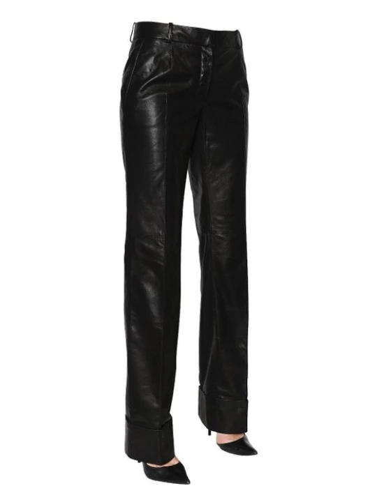 Womens Real Long Straight Leg Black Leather Pants