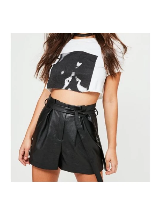 Black Belted High Waisted Pleated Leather Shorts for Women