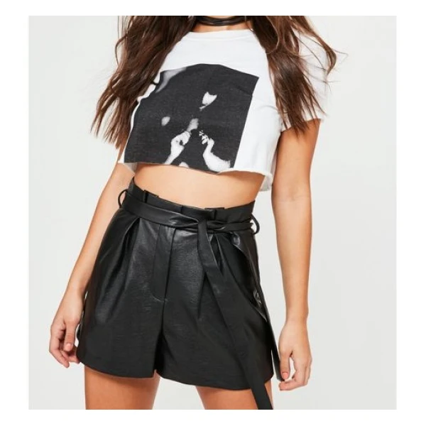 Black Belted High Waisted Pleated Leather Shorts for Women