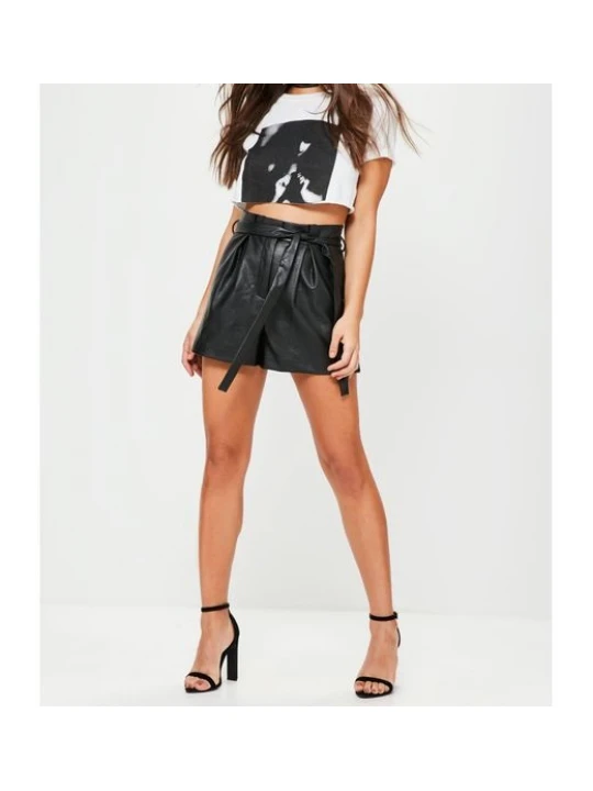 Black Belted High Waisted Pleated Leather Shorts for Women