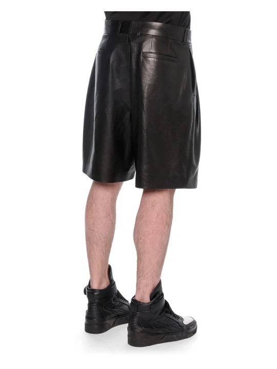 Black Leather Pleated Shorts for Men