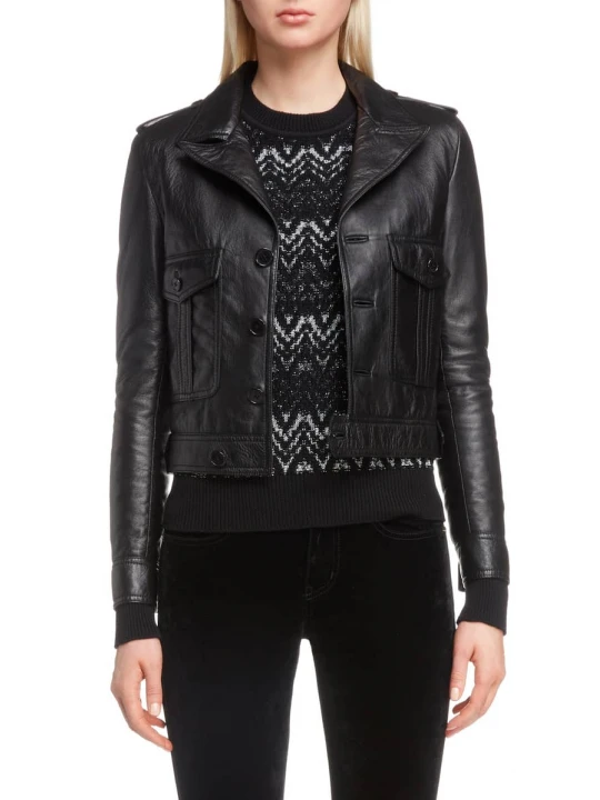 Button Front Soft Lambskin Black Leather Motorcycle Biker Jacket for women