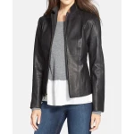 Elegant Black Leather Jacket For Women