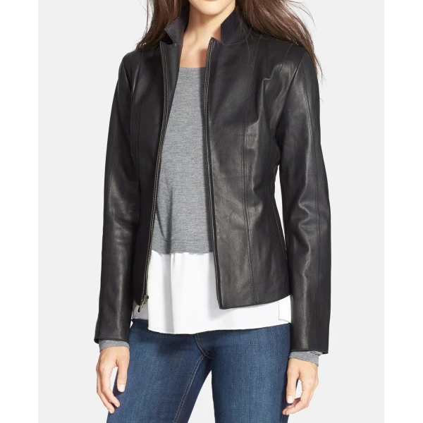 Elegant Black Leather Jacket For Women
