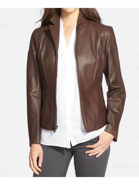 Elegant Brown Leather Jacket For Women