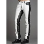 Men Fashion Contrast Color Genuine Black and White Leather Pants