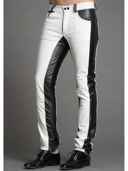 Men Fashion Contrast Color Genuine Black and White Leather Pants