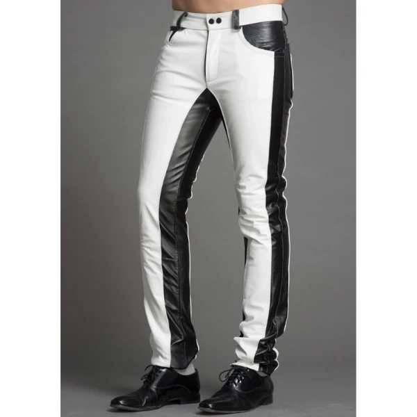 Men Fashion Contrast Color Genuine Black and White Leather Pants