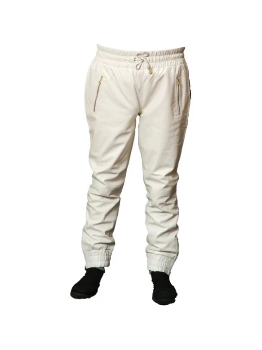 Mens Relaxed Fit Real White Leather Joggers Sweat Pants