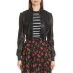 Sport Staple Long Sleeves Black Leather Bomber Jacket for Ladies