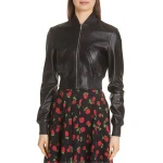 Sport Staple Long Sleeves Black Leather Bomber Jacket for Ladies