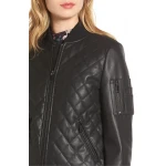 Womens Quilted Genuine Lambskin  Black Leather Bomber Jacket