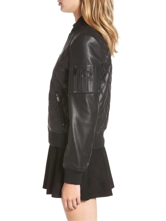 Womens Quilted Genuine Lambskin  Black Leather Bomber Jacket