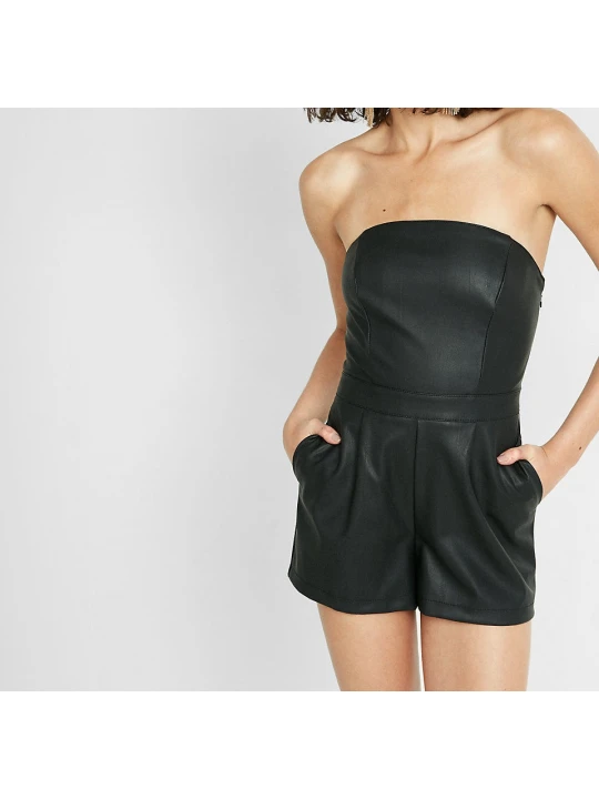 Celebrity Style Natural Black Leather Mini Jumpsuit for Womens