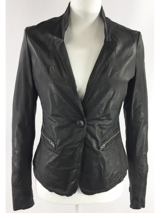 Classic Single Breasted Pure Black Leather Blazer for Ladies