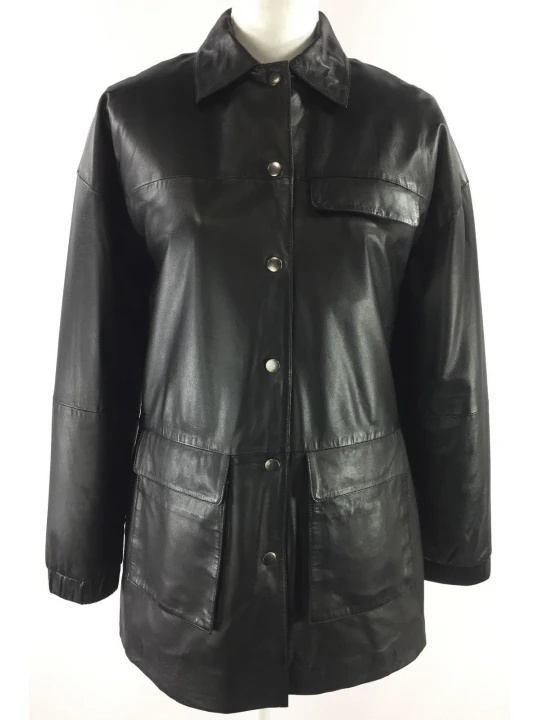 Classic Super Soft Pure Black Leather Coat for Women