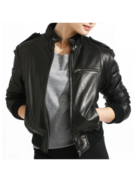 Classic Black Leather Bomber Jacket for Women