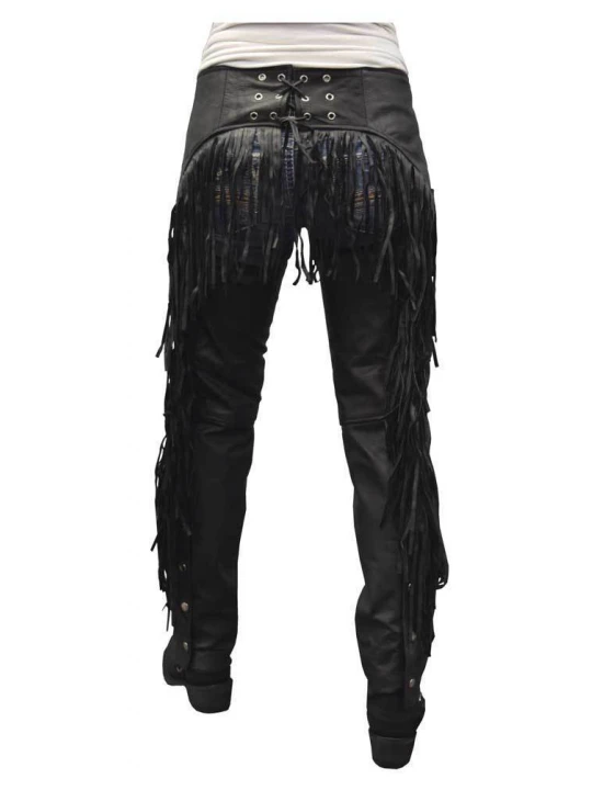 Cool Cut Fringe Black Leather Motorcycle Riding Chap for Women