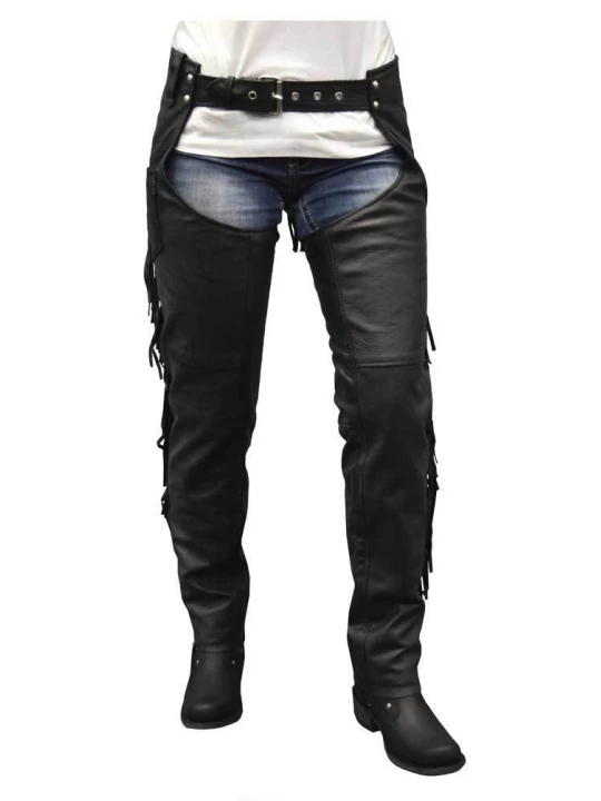 Cool Cut Fringe Black Leather Motorcycle Riding Chap for Women