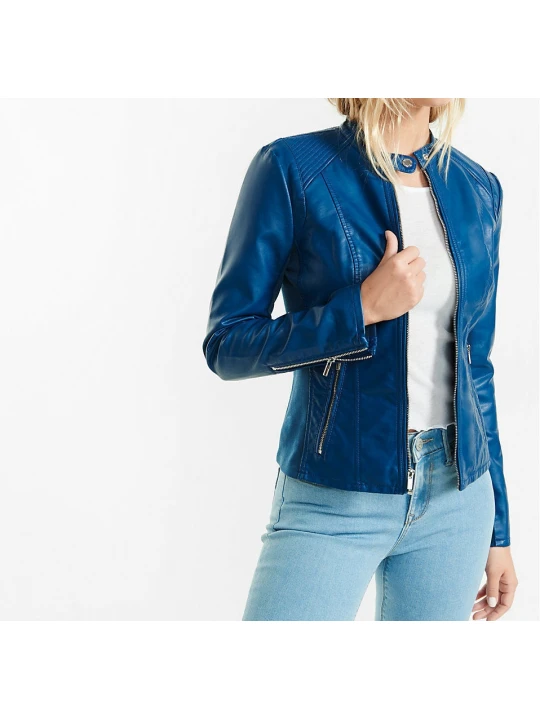 Custom Made Blue Leather Biker Motorcycle Jacket for Women