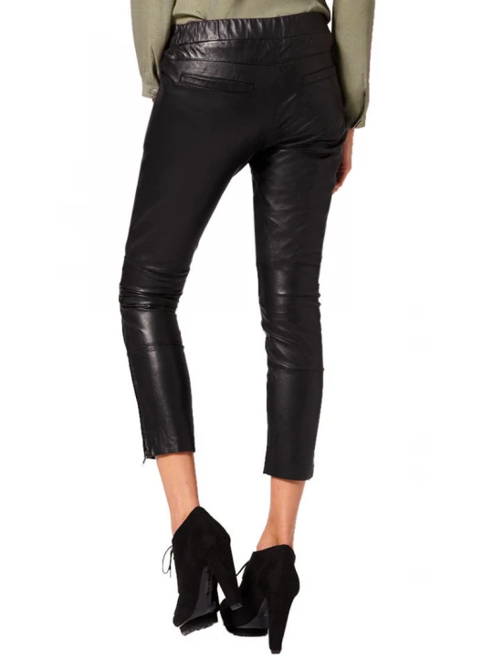 Custom Made Casual Zip Pockets Black Leather Ladies Capri Pant