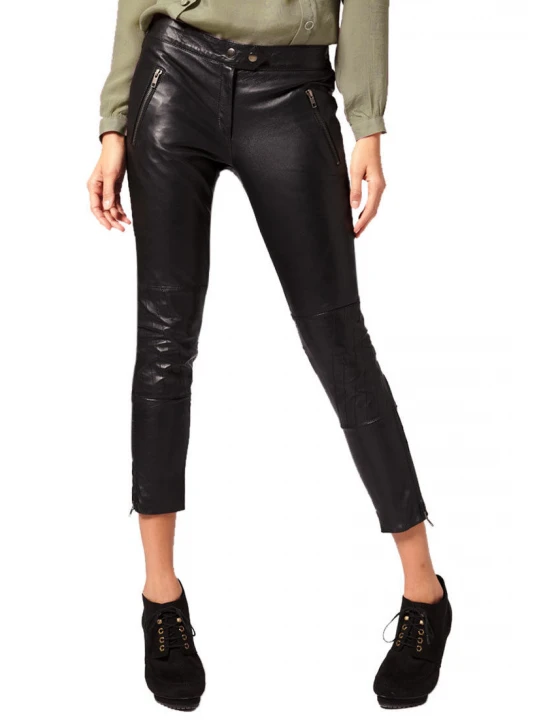Custom Made Casual Zip Pockets Black Leather Ladies Capri Pant