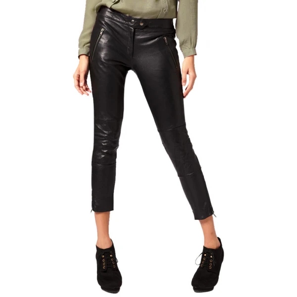 Custom Made Casual Zip Pockets Black Leather Ladies Capri Pant