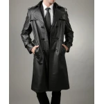 Full Length Black Leather Trench Coat for Men