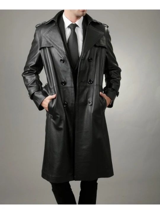 Full Length Black Leather Trench Coat for Men