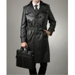 Full Length Black Leather Trench Coat for Men