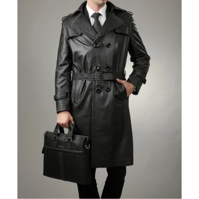 Full Length Black Leather Trench Coat for Men