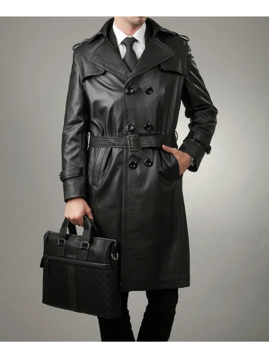 Full Length Black Leather Trench Coat for Men