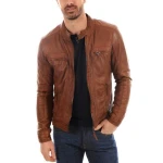 Genuine Lambskin Tan Brown Leather Biker Motorcycle Jacket