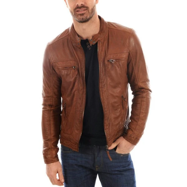 Genuine Lambskin Tan Brown Leather Biker Motorcycle Jacket