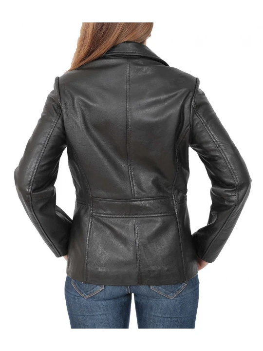 Ladies Classic Hip Length Black Leather Blazer Coat