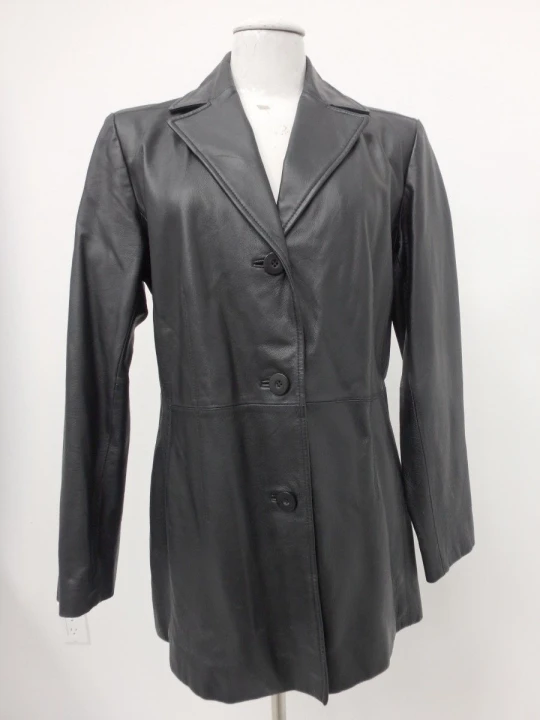 Ladies Classic Premium Three Button Black Leather Coat
