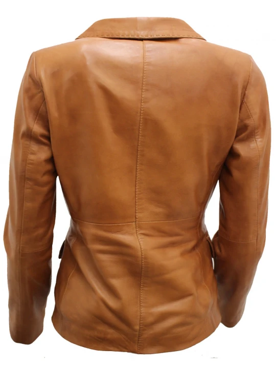 Ladies Simple Casual Tan Brown Leather Blazer Jacket