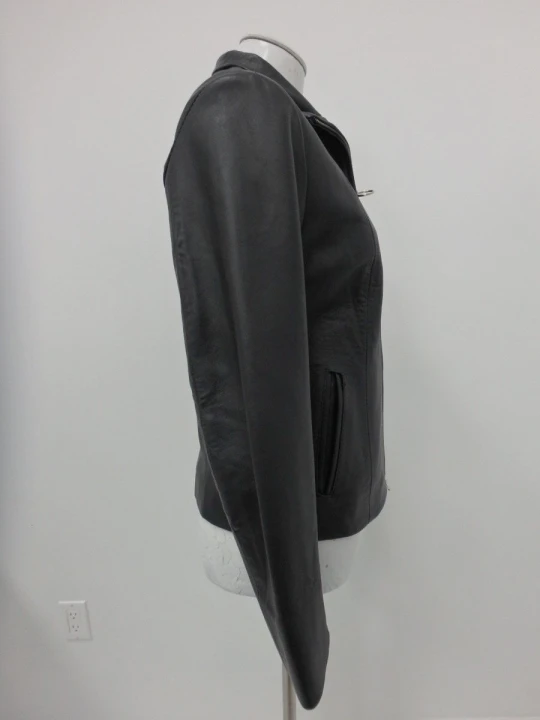 Ladies Simple Front Zip Pure Black Leather Coat