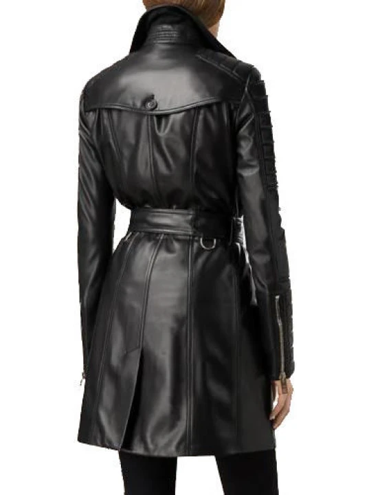 Ladies Vintage Genuine Black Leather Outerwear Trench Coat