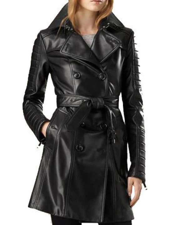 Ladies Vintage Genuine Black Leather Outerwear Trench Coat