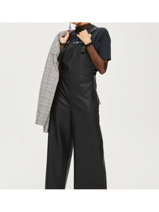 Ladies Customized Elegant Black Leather Wide Leg Jumpsuit